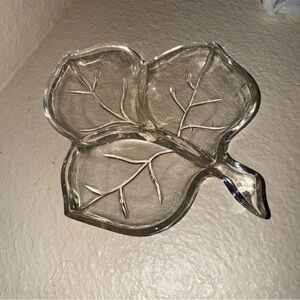 Vintage clear glass LEAF Shaped Divided Relish Nut Dish